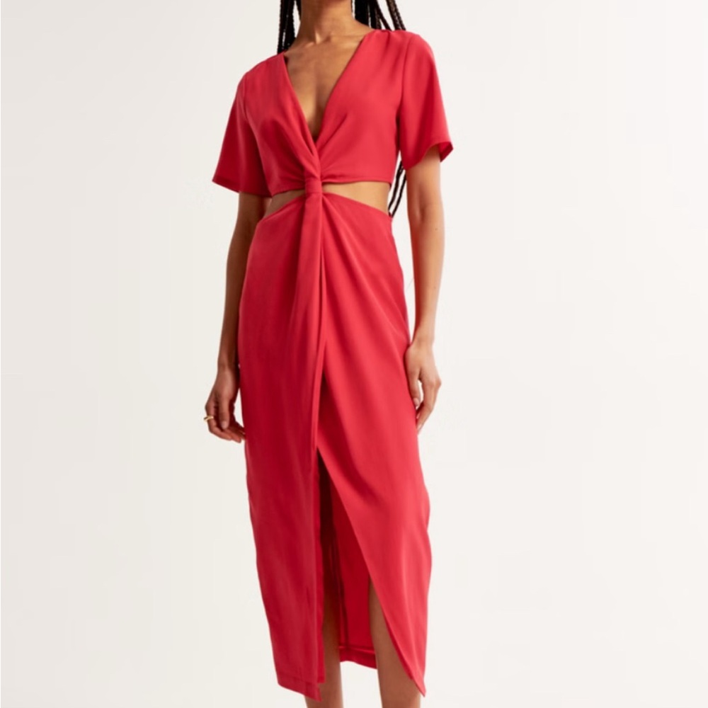 Abercrombie & Fitch Red Plunge Neck Wrap Midi Dress